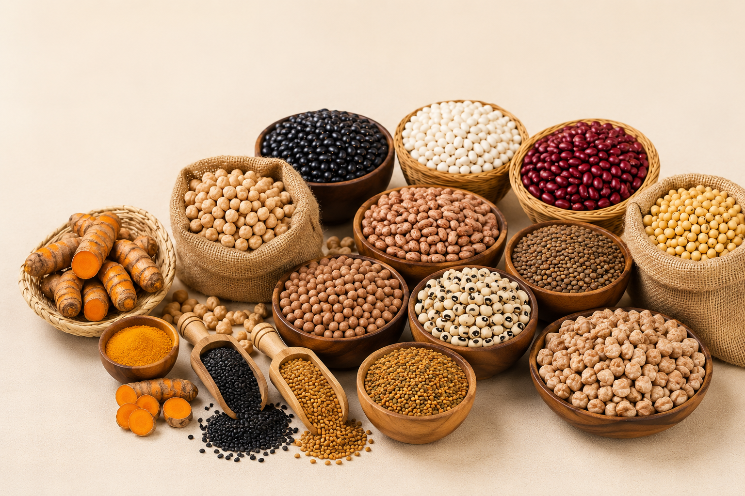 Ethiopian pulses, oilseeds and spices in wooden bowls